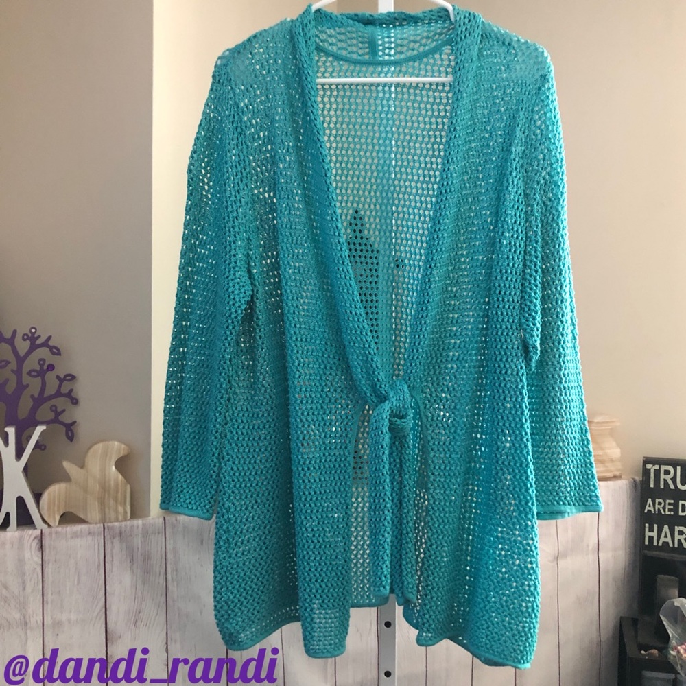 🧚🏻‍♂️Teal Mesh Crochet Tie Front Cover Up / Long Sleeve Top